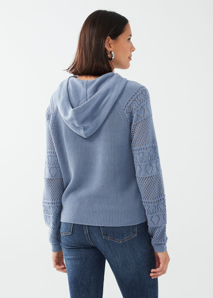 Crochet Sleeve Sweater in Indigo or Olive. Style FD1316624