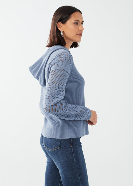 Crochet Sleeve Sweater in Indigo or Olive. Style FD1316624