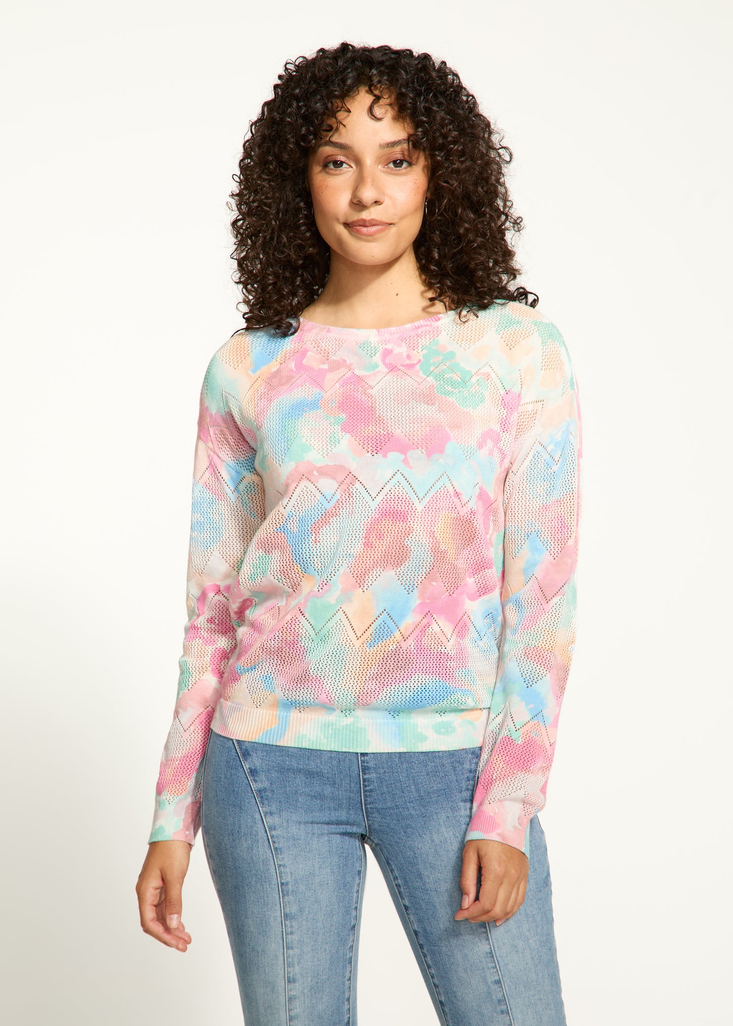 Pointelle Knit Printed Sweater. Style FD1337624