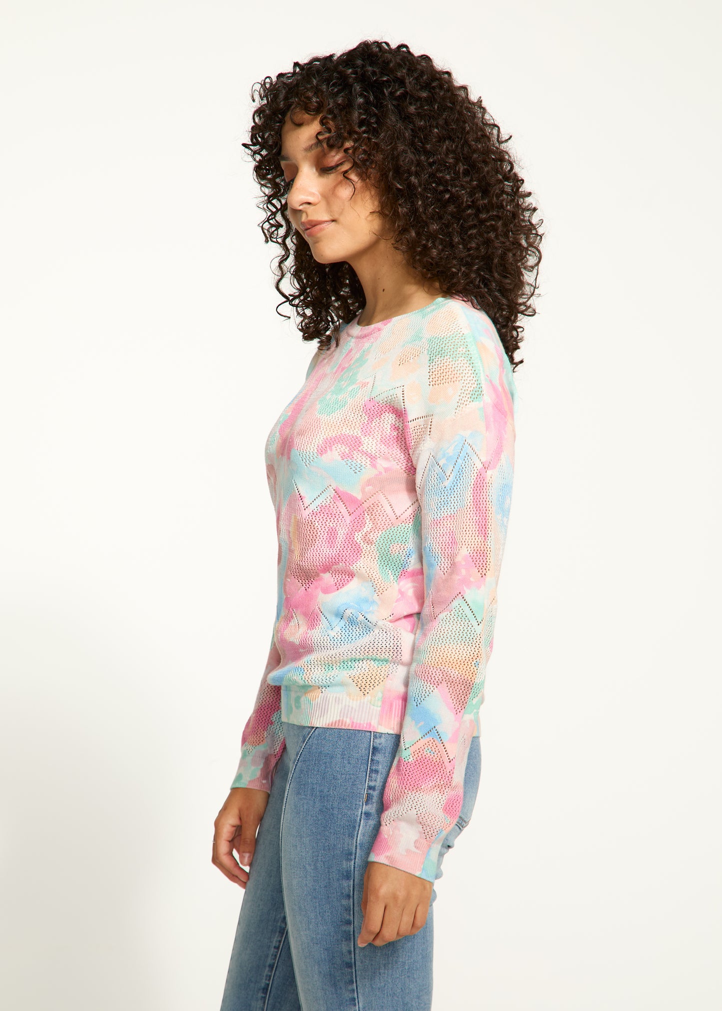 Pointelle Knit Printed Sweater. Style FD1337624