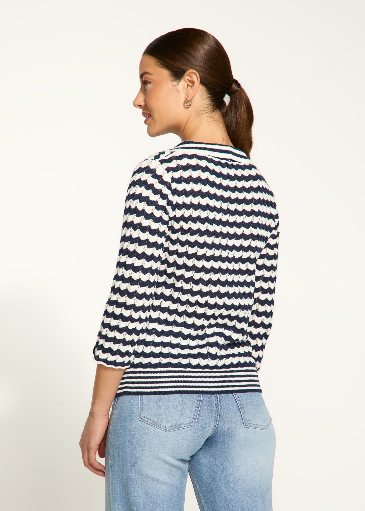 Pointelle Zig Zag Knit Collared Sweater. Style FD1456314