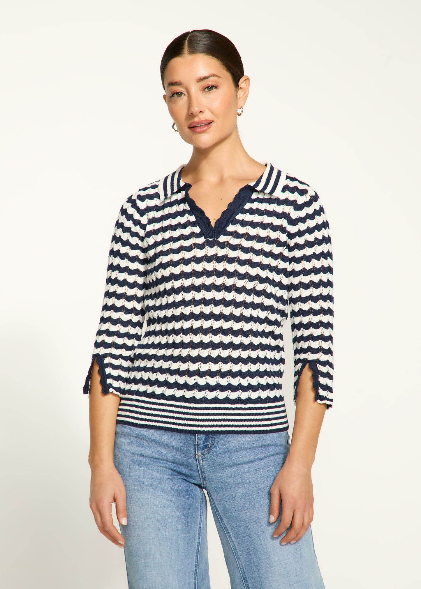 Pointelle Zig Zag Knit Collared Sweater. Style FD1456314