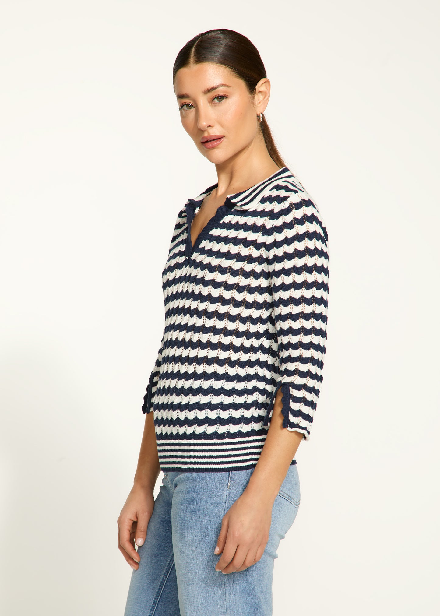 Pointelle Zig Zag Knit Collared Sweater. Style FD1456314