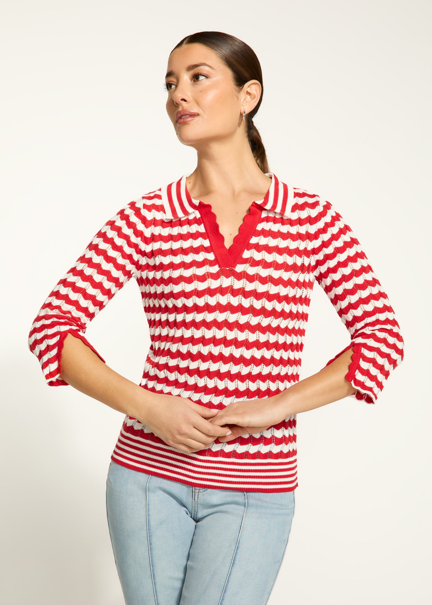 Pointelle Zig Zag Knit Collared Sweater. Style FD1456314