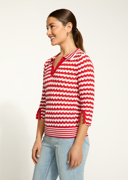 Pointelle Zig Zag Knit Collared Sweater. Style FD1456314