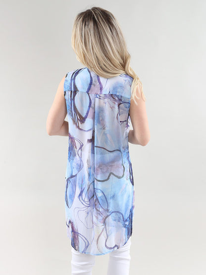 Sheer Sleeveless Button Front Large Side Slits Top. Style MT26S146