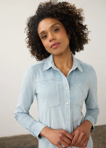 Long Sleeve Button Front Suede Top. Style FD7476196