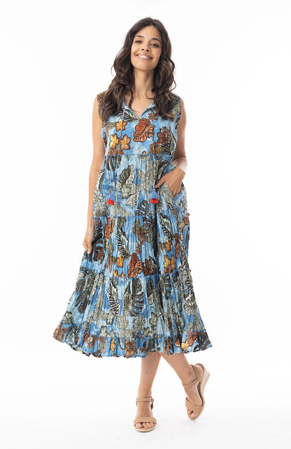 Tiered Crinkle Cotton Decorative Tassel Midi Dress. Style ORI20-112