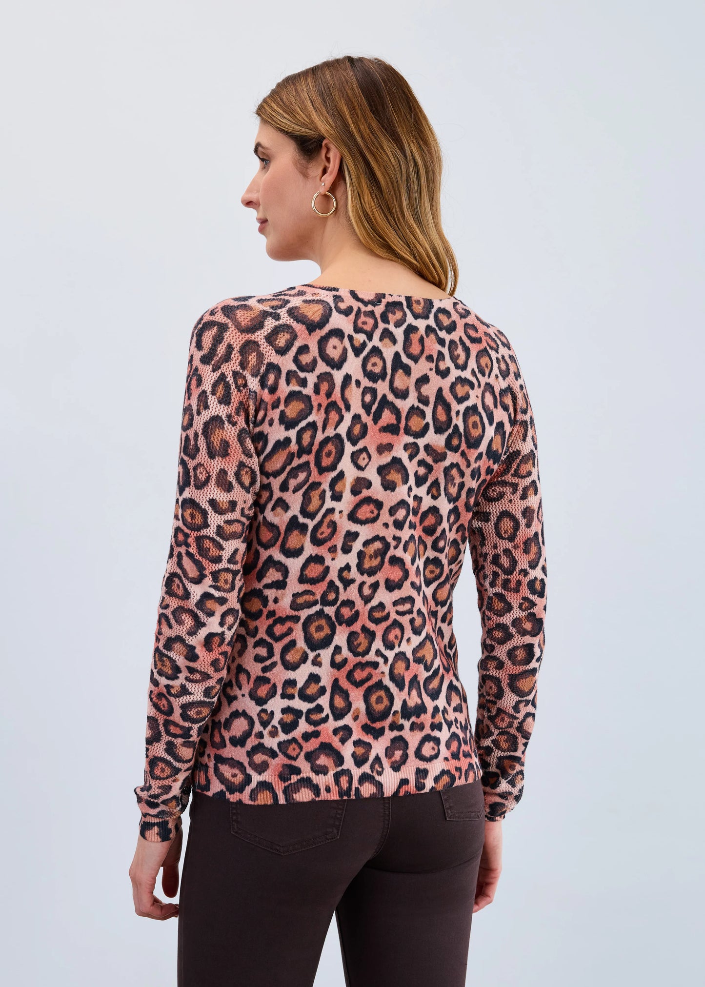 Light Leopard V-Neck Pointelle-Sleeve Sweater. Style FD1542314