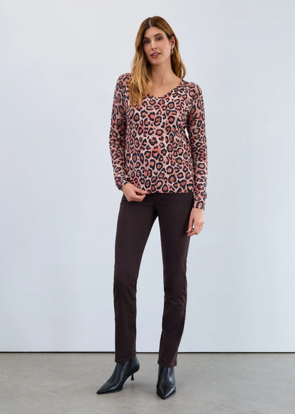 Light Leopard V-Neck Pointelle-Sleeve Sweater. Style FD1542314