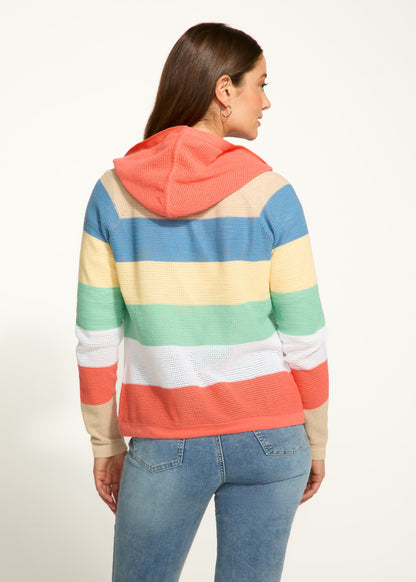 Pointelle Knit Striped Hooded Cardigan. Style FD1631314