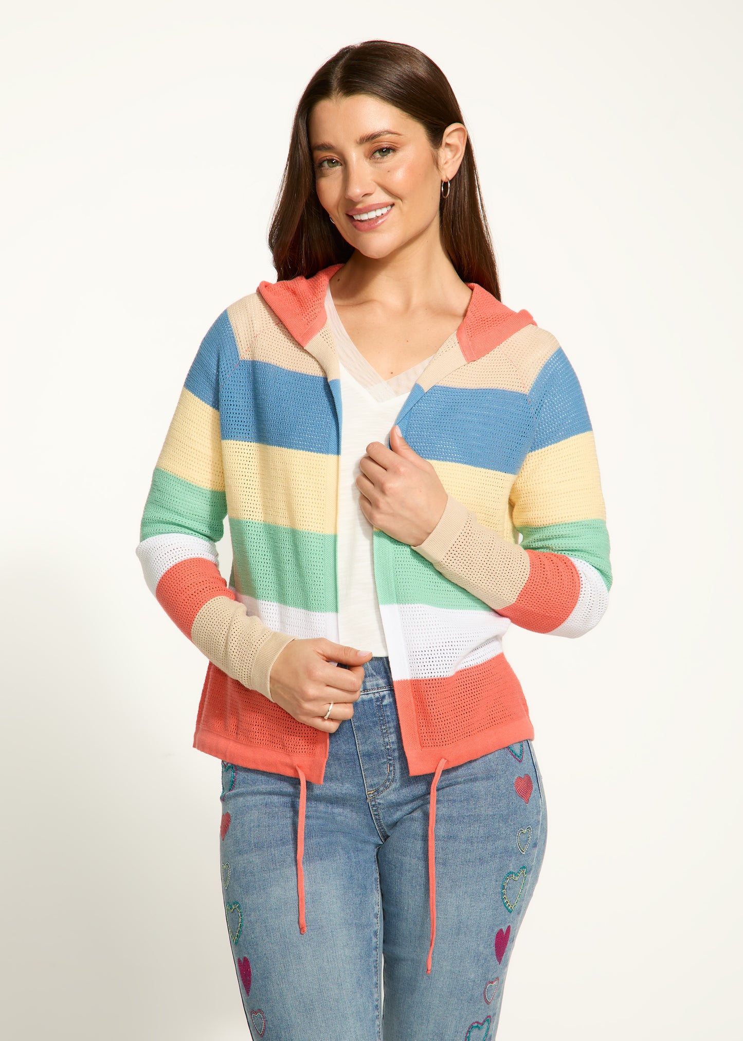 Pointelle Knit Striped Hooded Cardigan. Style FD1631314