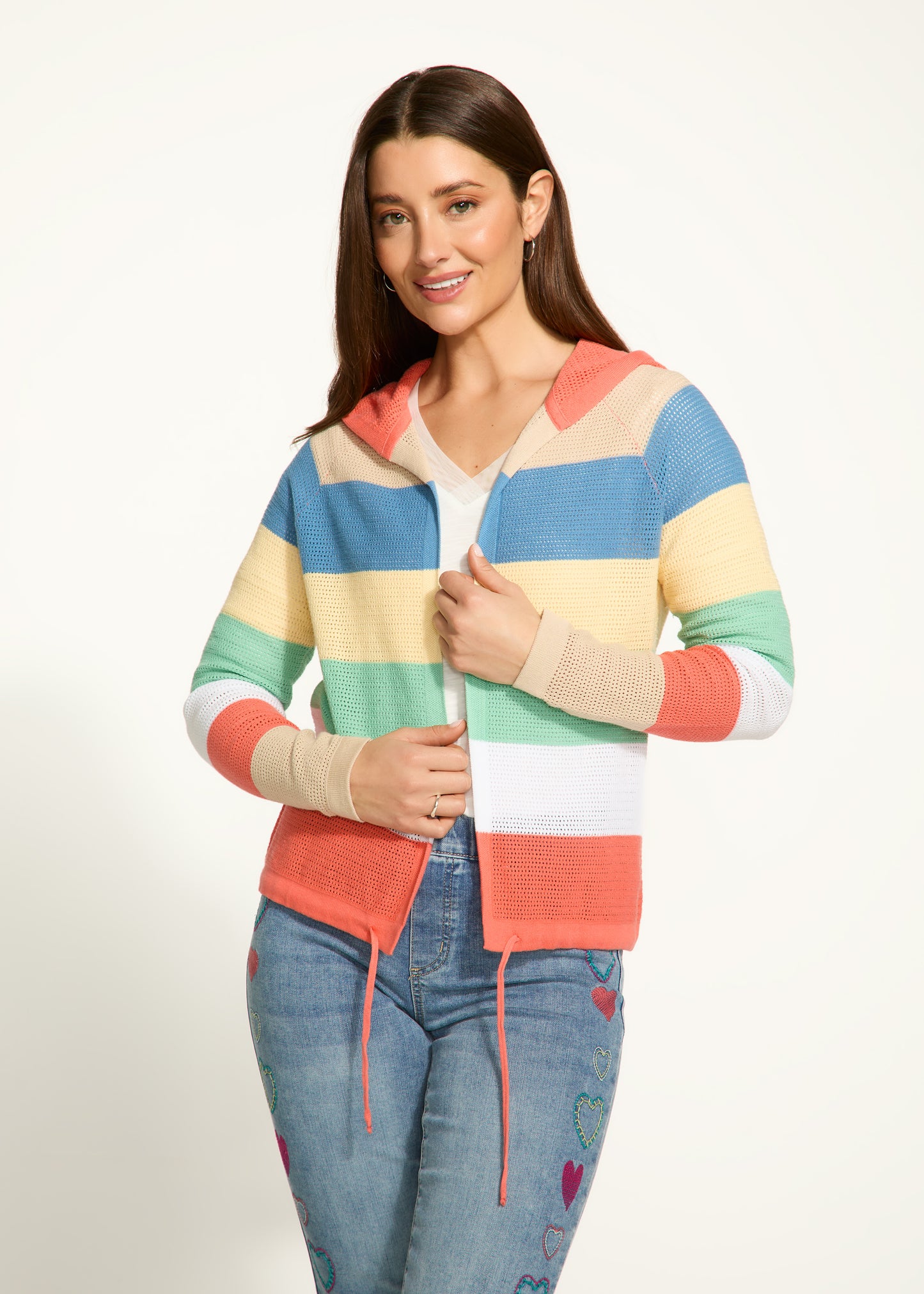 Pointelle Knit Striped Hooded Cardigan. Style FD1631314