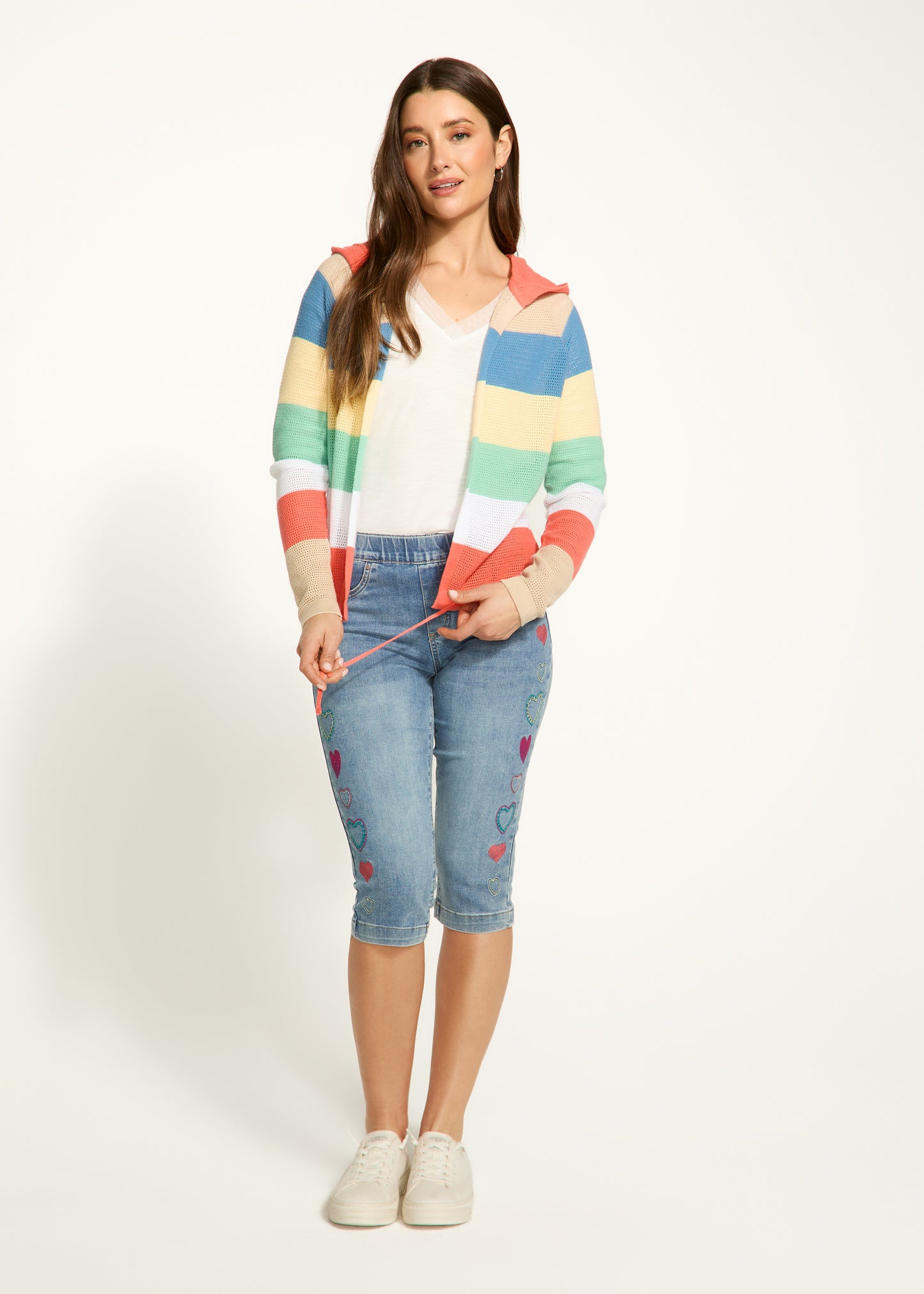 Pointelle Knit Striped Hooded Cardigan. Style FD1631314