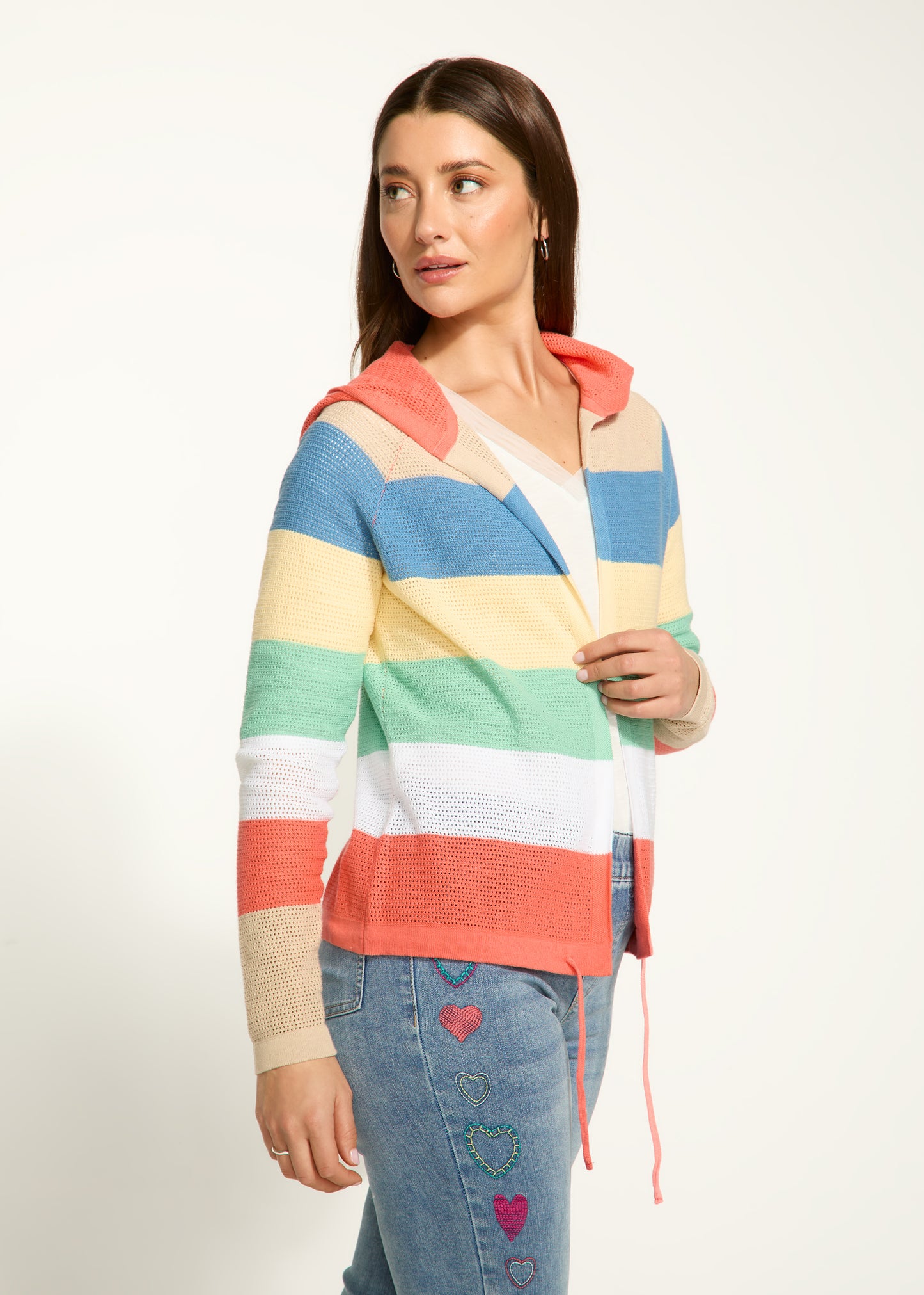 Pointelle Knit Striped Hooded Cardigan. Style FD1631314