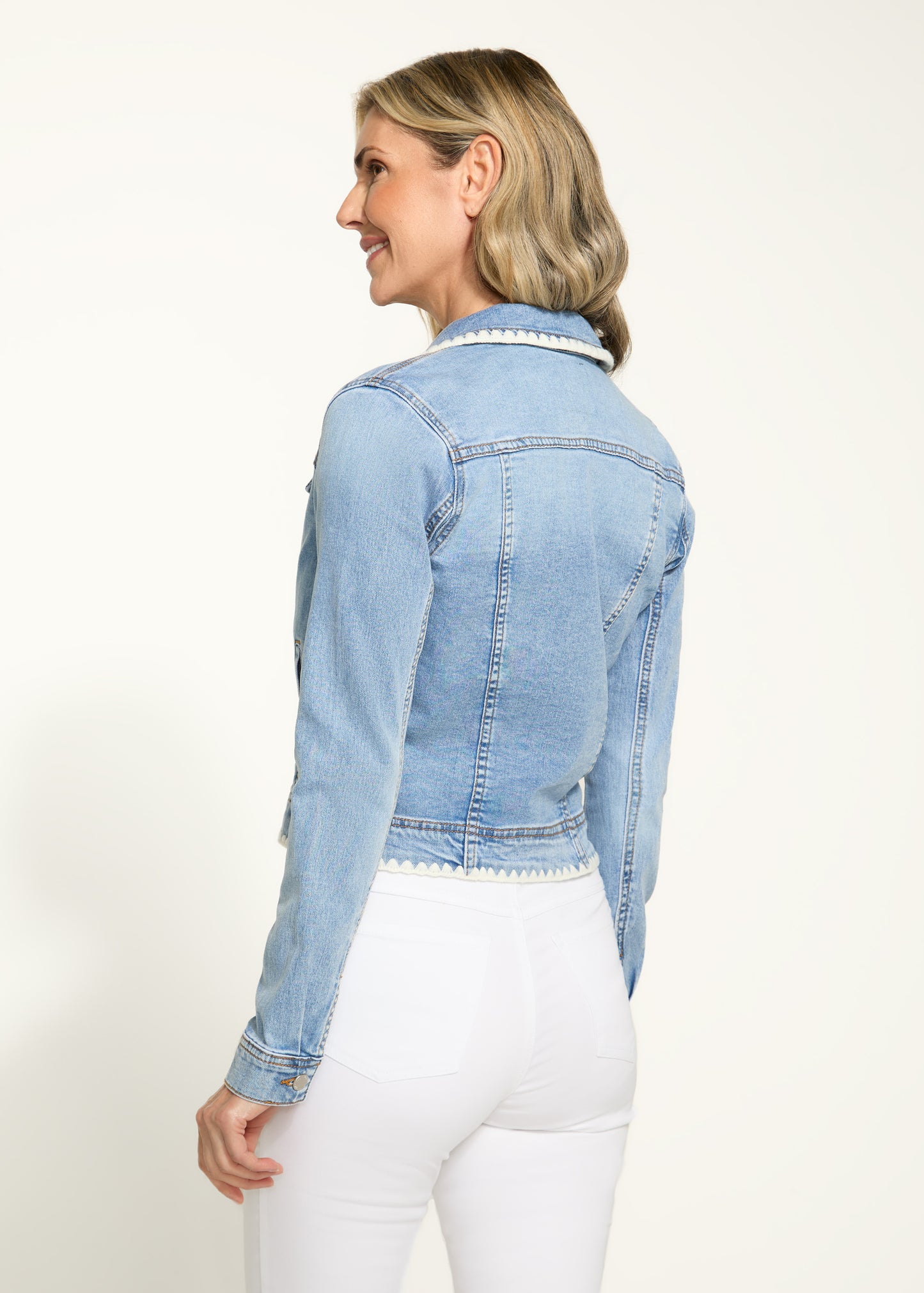 Crochet Stitch Trim Jean Jacket. Style FD1681843