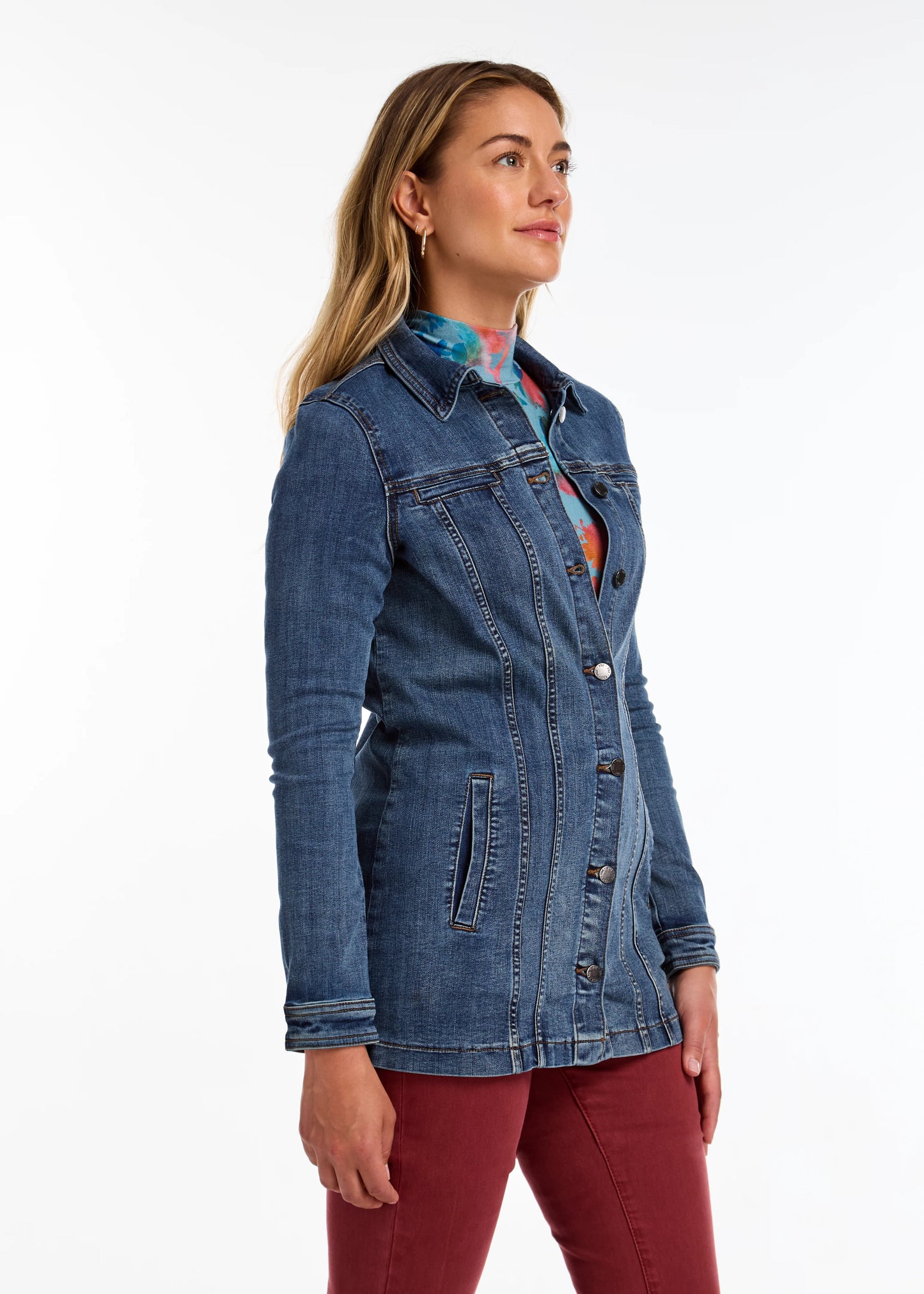 Long Stretch Denim Button Front Jacket. Style FD1825669