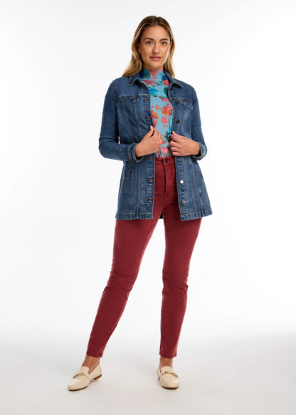 Long Stretch Denim Button Front Jacket. Style FD1825669