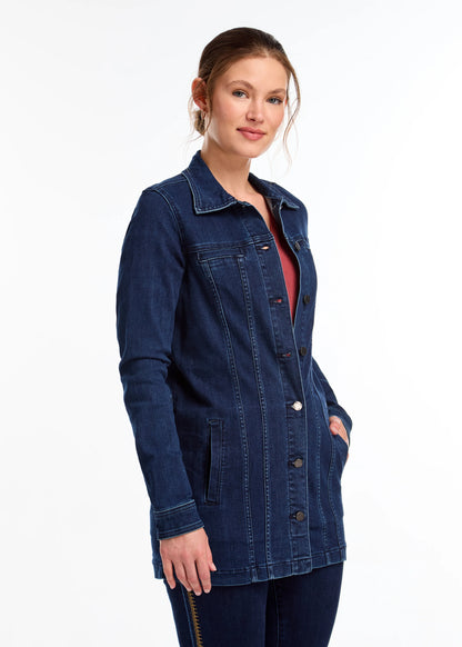 Long Stretch Denim Button Front Jacket. Style FD1825669