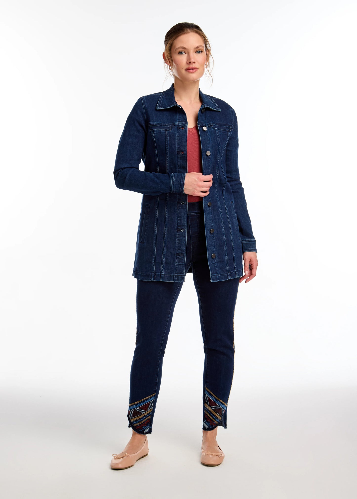 Long Stretch Denim Button Front Jacket. Style FD1825669