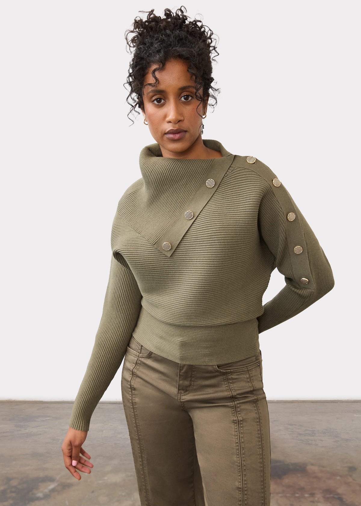 Envelope Collar Button Detail Ribbed Sweater. Style FD1051885