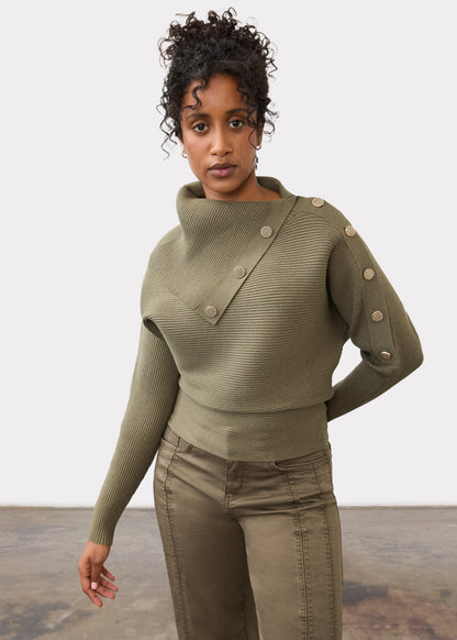 Envelope Collar Button Detail Ribbed Sweater. Style FD1051885