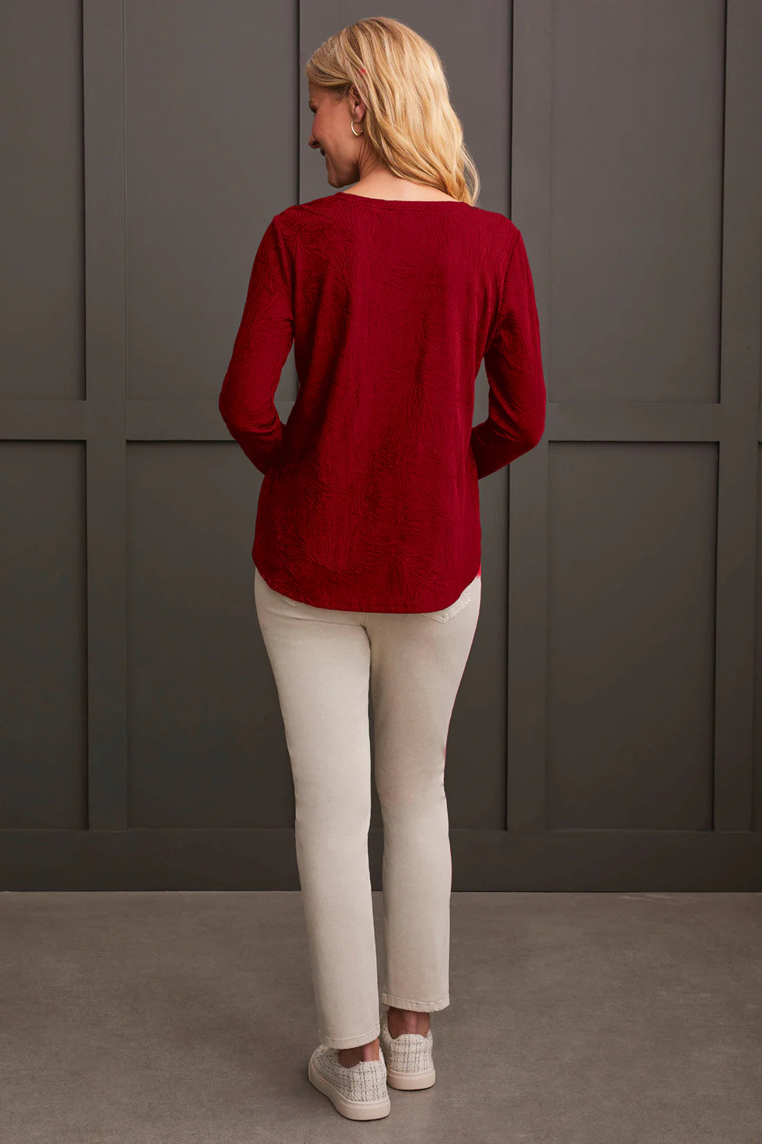 Jacquard Knit Top with Curved Hem. Style TR1933O-8036