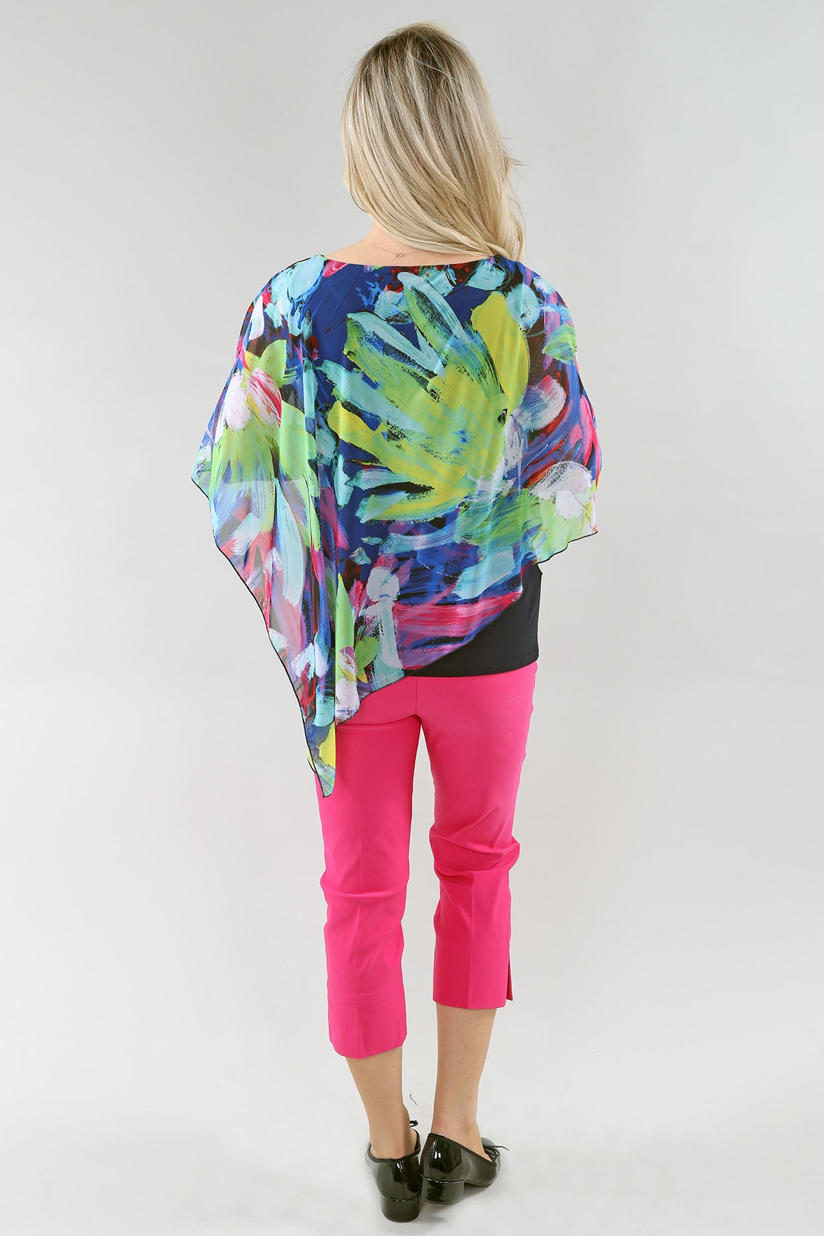 Angled Hem Sheer Poncho Attached Cami Under Layer Top. Style MT26S197