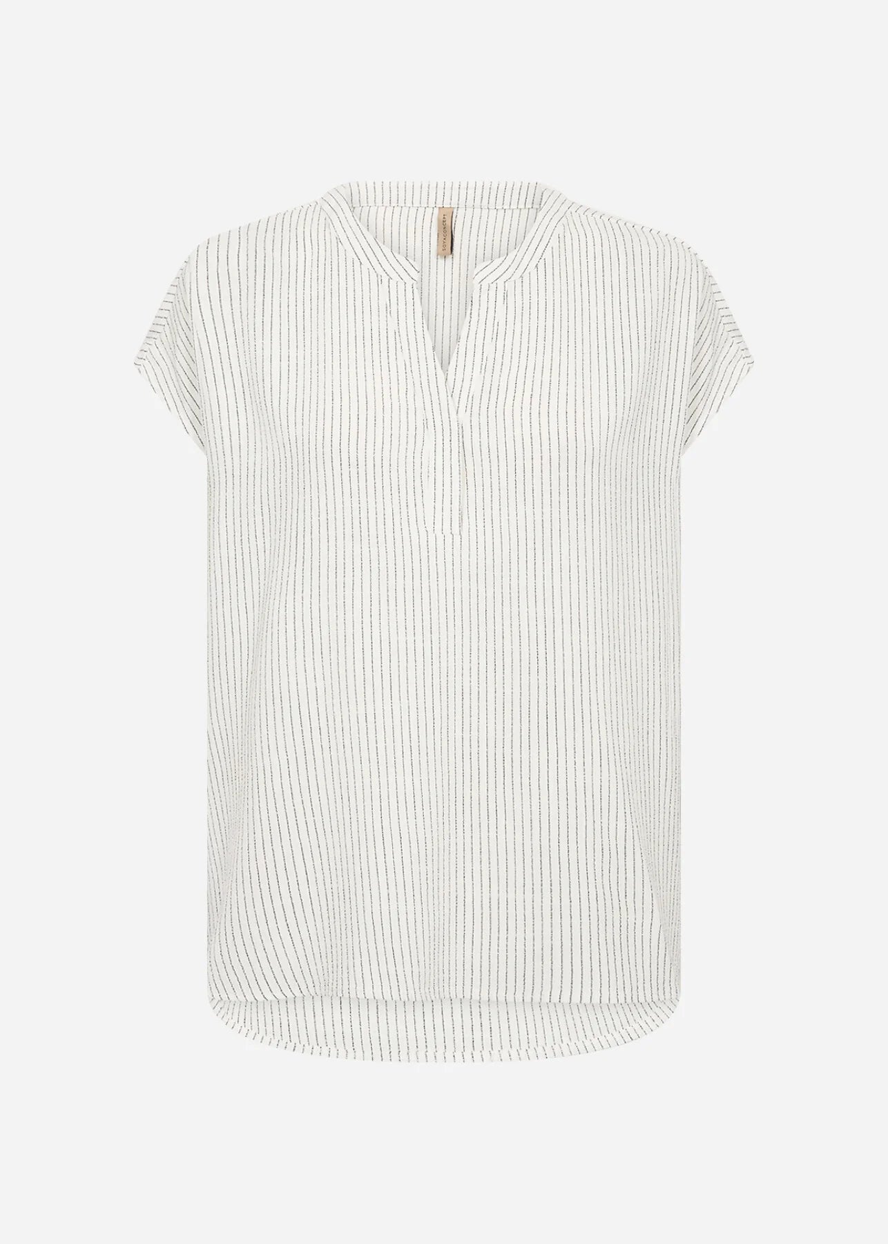 Notched V-Neck Vertical Stripes Short Sleeve Top. Style SOYA41585