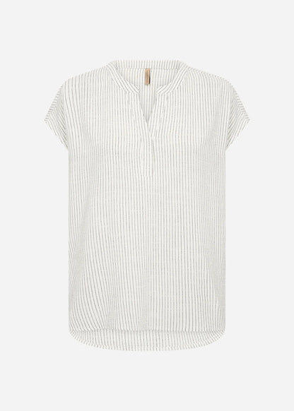 Notched V-Neck Vertical Stripes Short Sleeve Top. Style SOYA41585