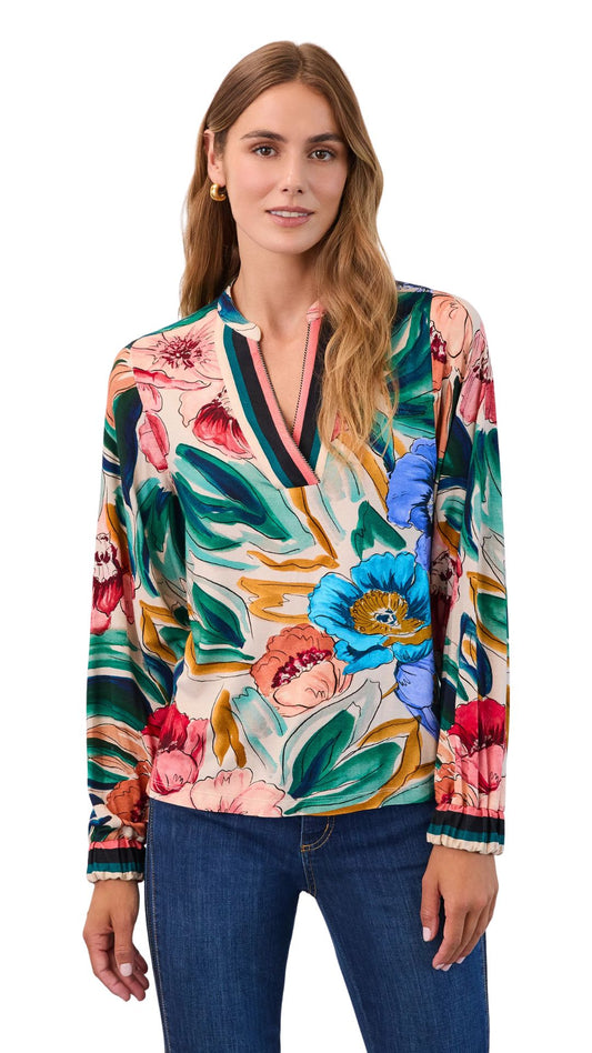 Long Sleeve Floral Print Elastic Cuff Top. Style FD3800153