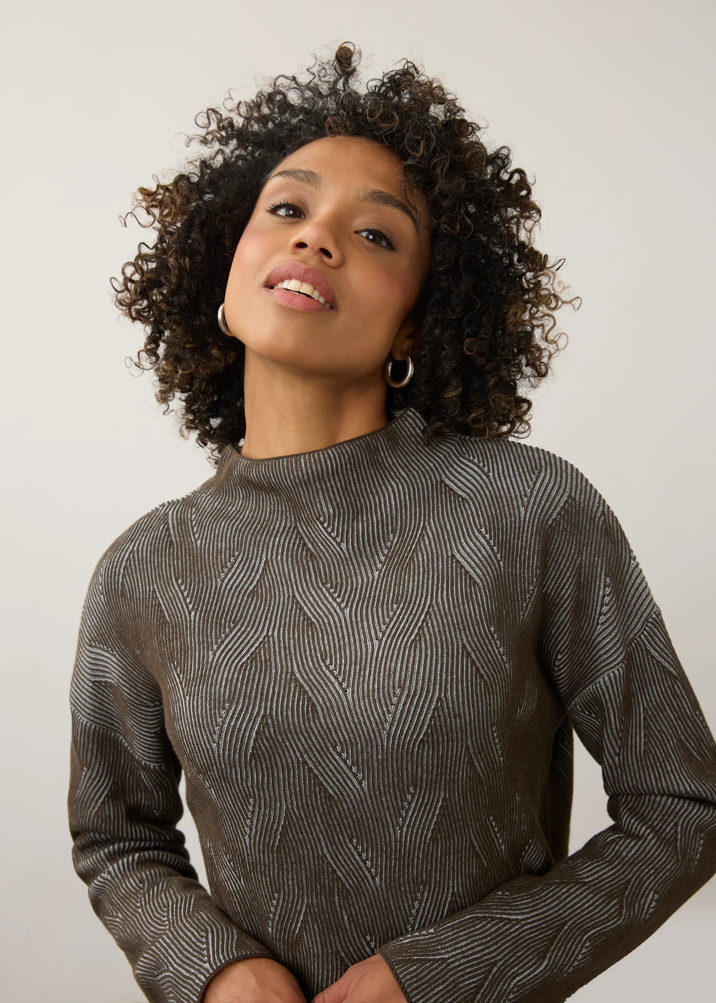 Long Sleeve Funnel Neck Textured Fabric Sweater. Style FD1048314