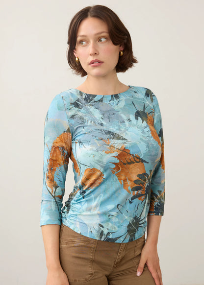Abstract Floral Print Boat Neck Side Gathers Top. Style FD3808756