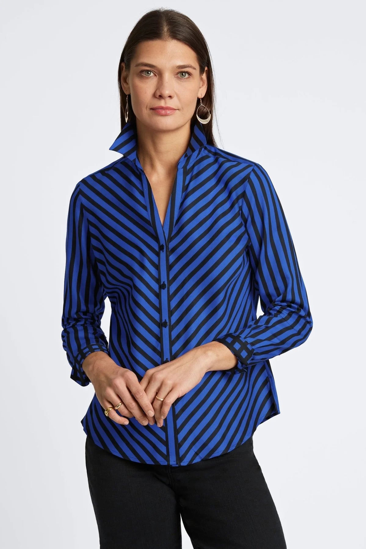 Mary No Iron Stripe Gingham Blouse. Style FC202406