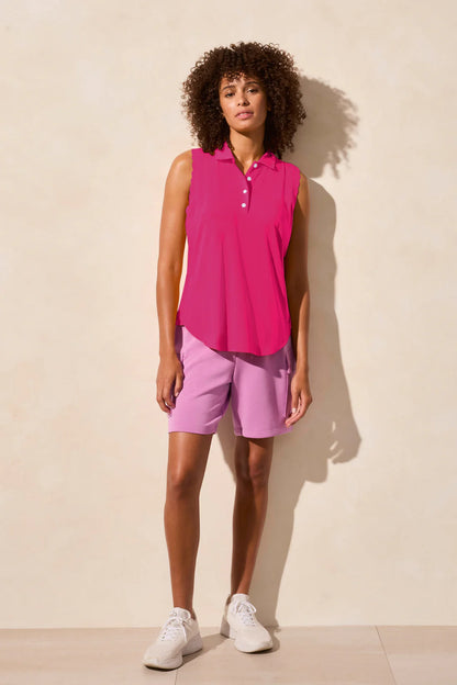 Sleeveless Scallop-Edge Rib Polo Top. Style TR2061O-3506