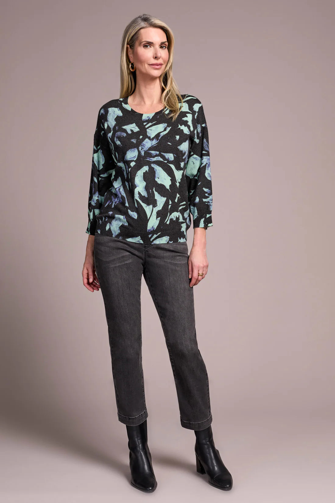 Crew Neck 3/4 Sleeve Printed Sweater. Style TR2175O-8169