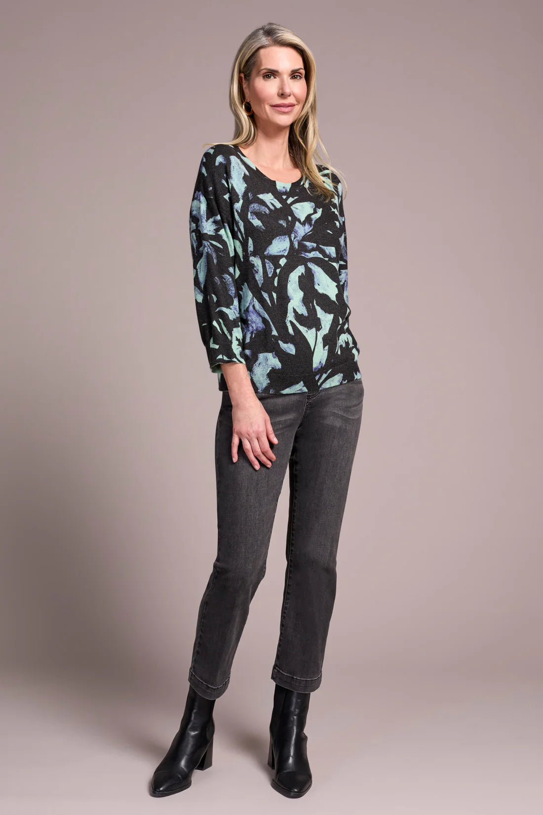 Crew Neck 3/4 Sleeve Printed Sweater. Style TR2175O-8169