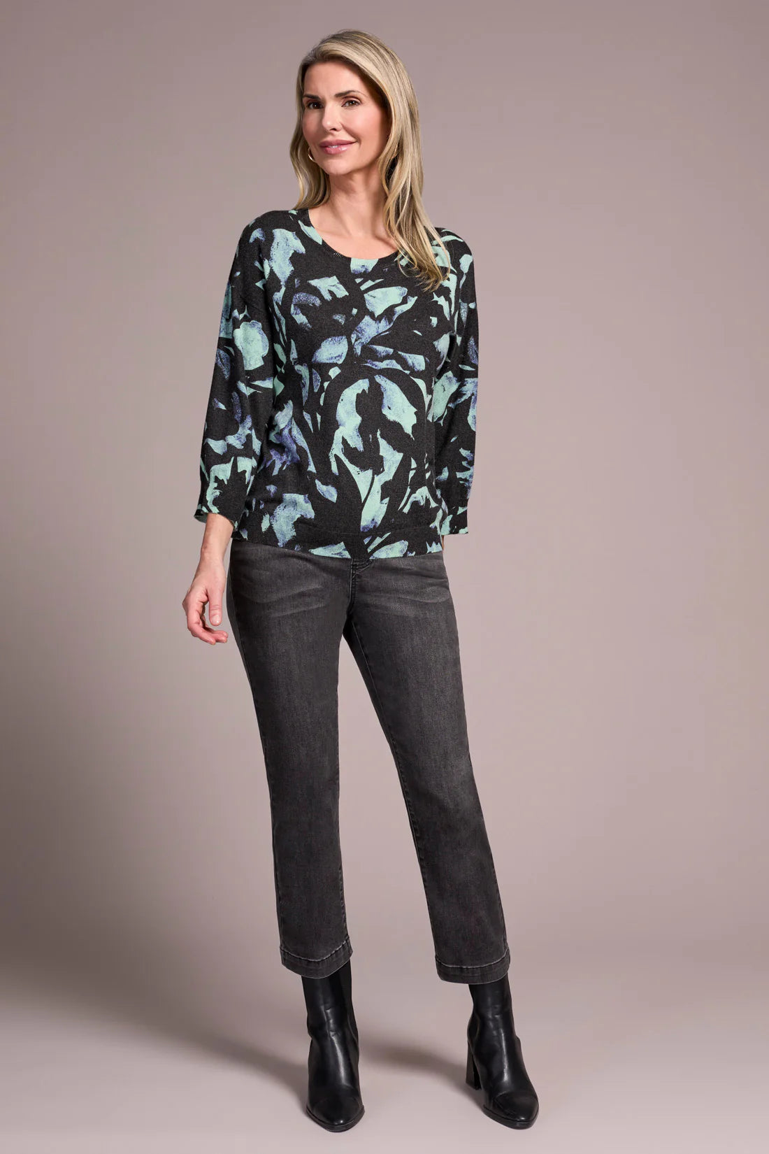 Crew Neck 3/4 Sleeve Printed Sweater. Style TR2175O-8169