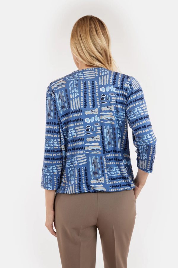 Notch Neck Elastic Hem Blue Abstract Print Top. Style BTX219239