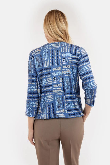 Notch Neck Elastic Hem Blue Abstract Print Top. Style BTX219239