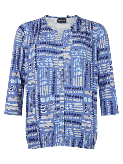 Notch Neck Elastic Hem Blue Abstract Print Top. Style BTX219239