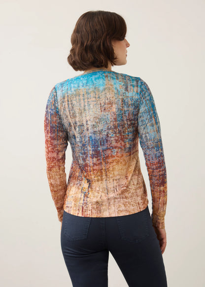 Long Sleeve V-Neck Abstract Printed Lightweight Top. Style FD3599844