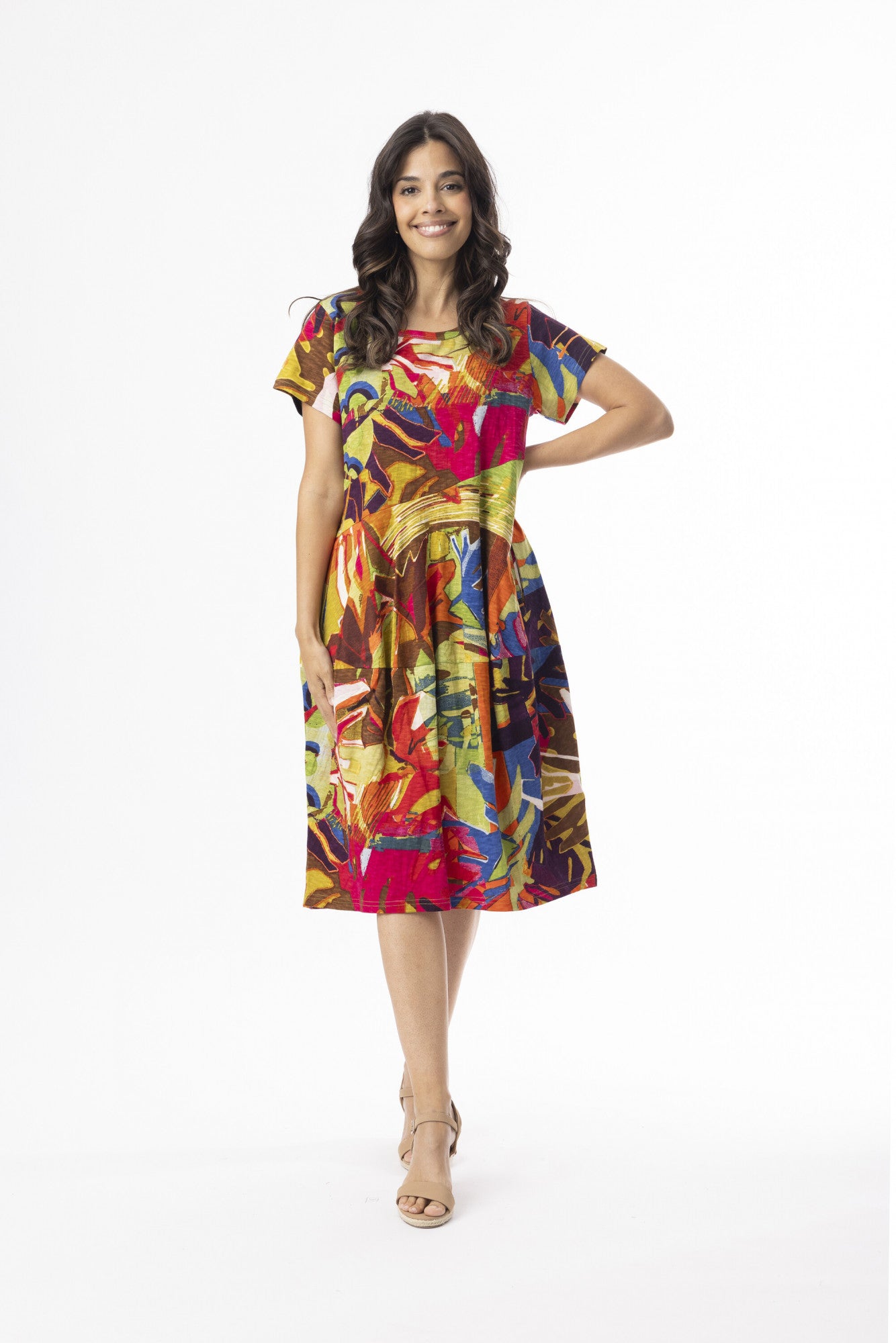 Abstract Print Short Sleeve Bubble Silhouette Dress. Style ORI20-151