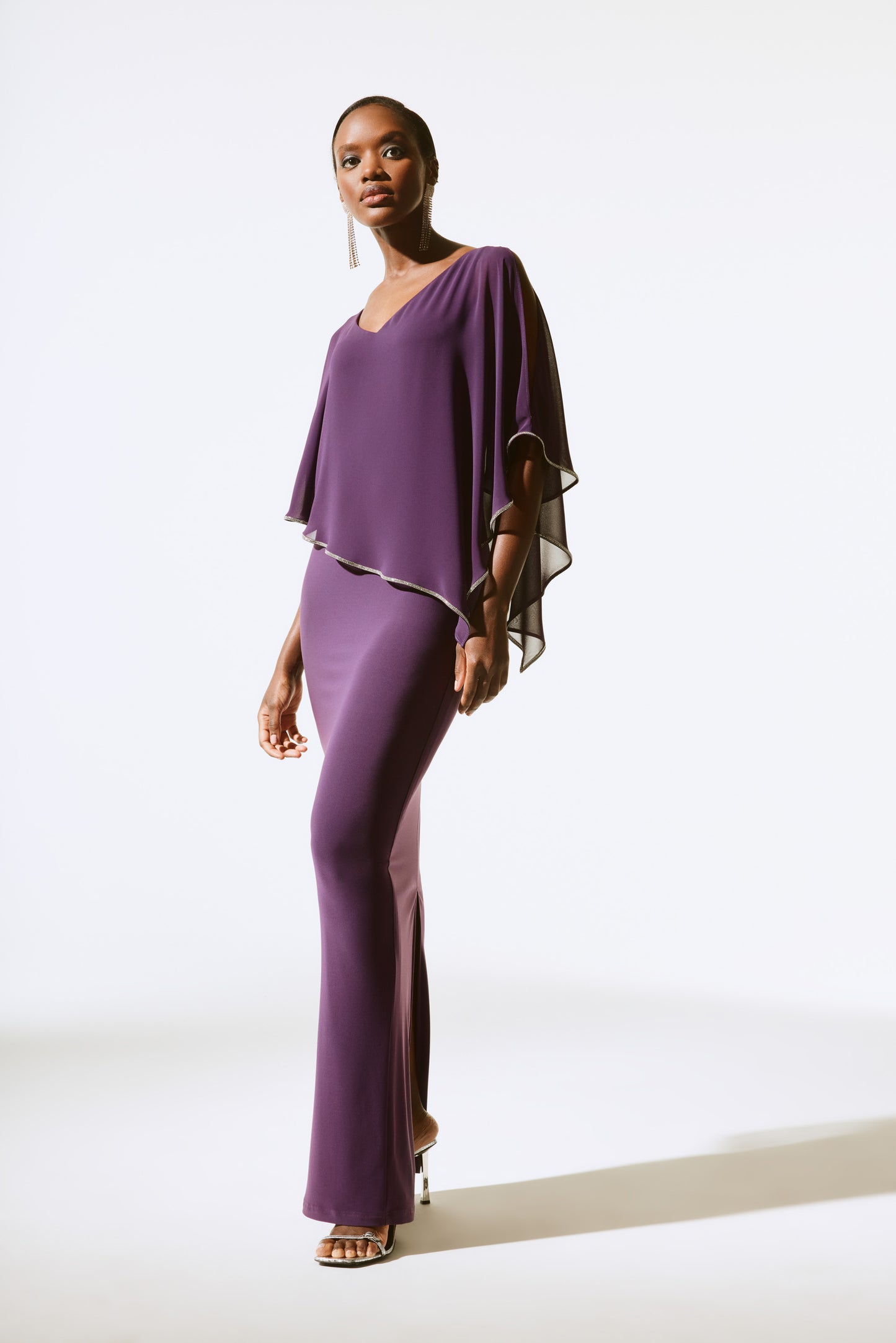 Silky Knit Chiffon Cape Layered Gown. Style JR221385F24