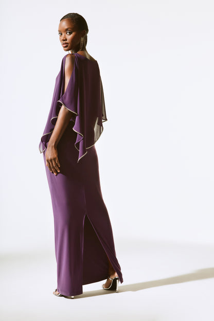 Silky Knit Chiffon Cape Layered Gown. Style JR221385F24