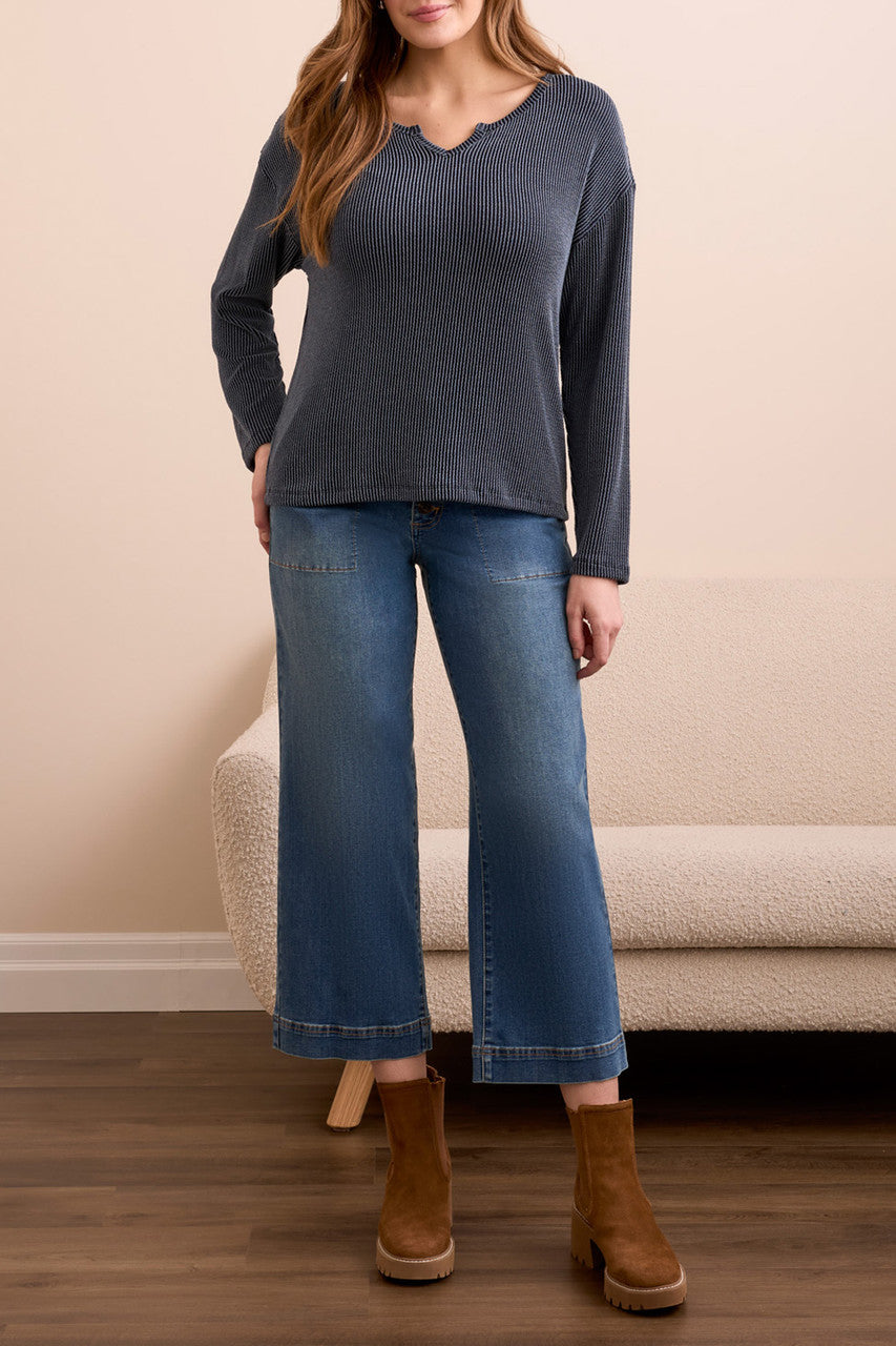 Ribbed Notch Neck Long Sleeve Top. Style TR2284O-8282