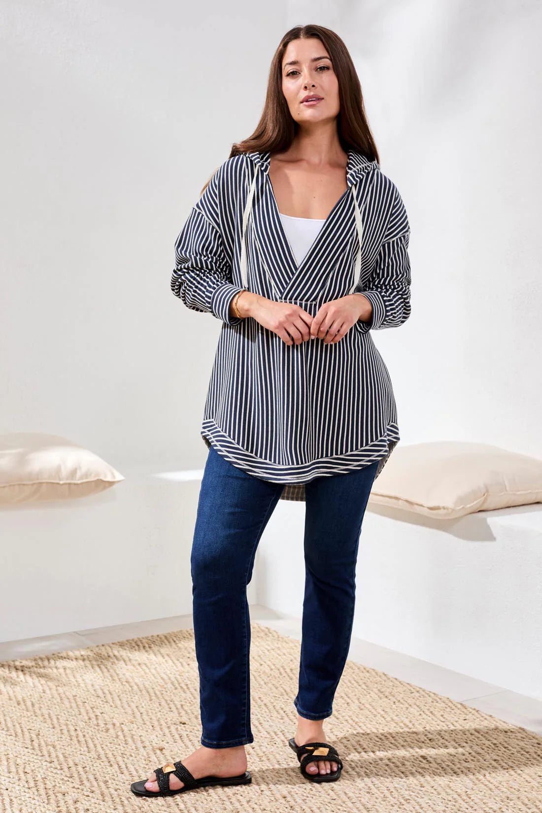 Stripes & Deep V-Neck Hoodie. Style TR2286O-8284