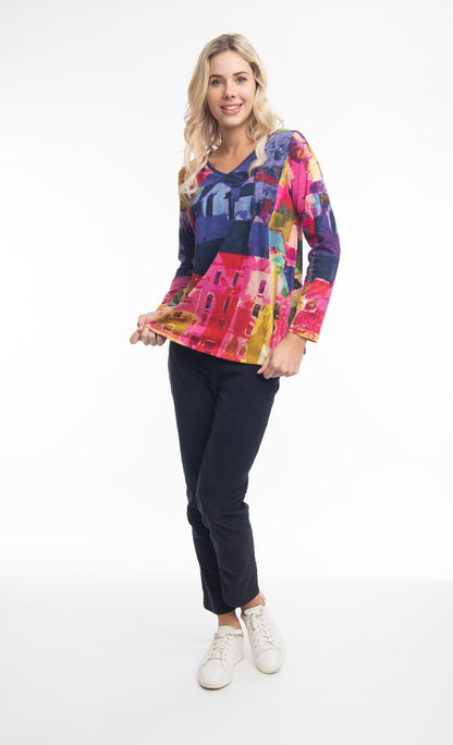 Contemporary Print V-Neck Top. Style ORI22904