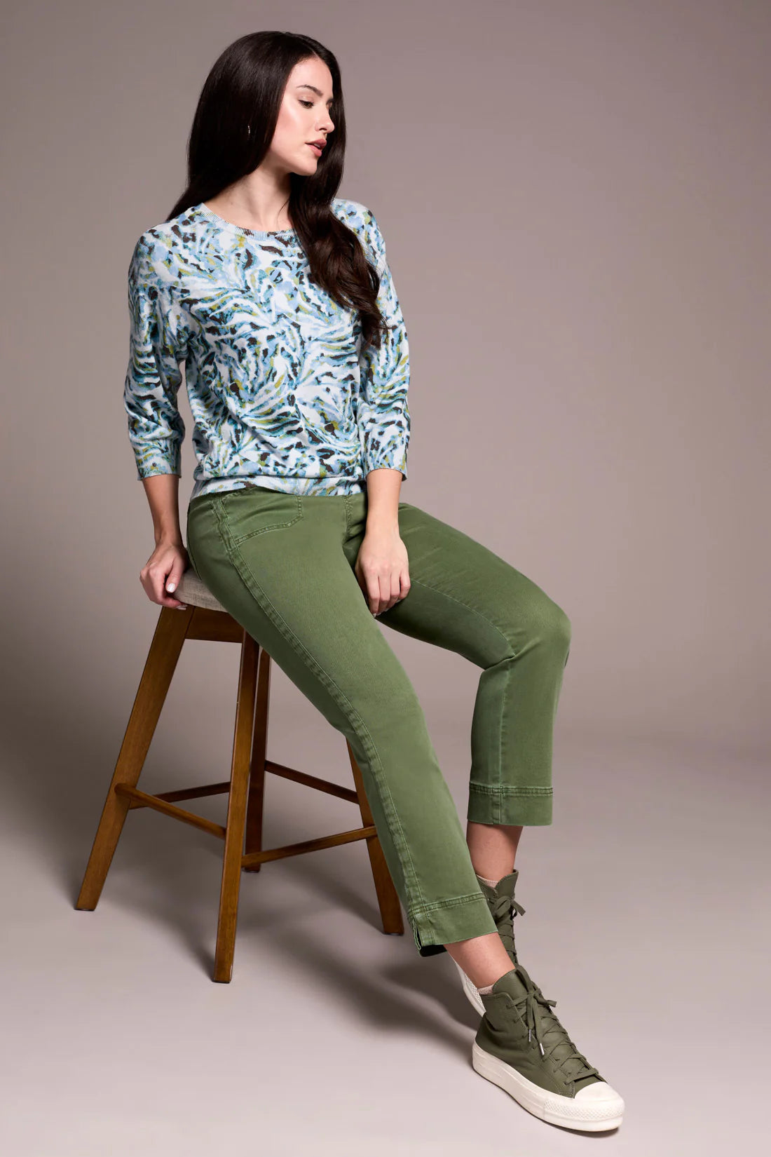 Crew Neck 3/4 Sleeve Printed Sweater. Style TR2175O-8169