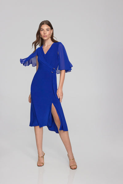 Sheer Sleeve Side Tie Midnight Blue Dress. Style JR231757